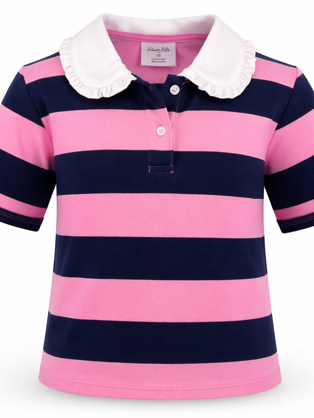 Owillo Girls Polo Shirt Pink Navy Striped Peter Pan Collar XS NWT